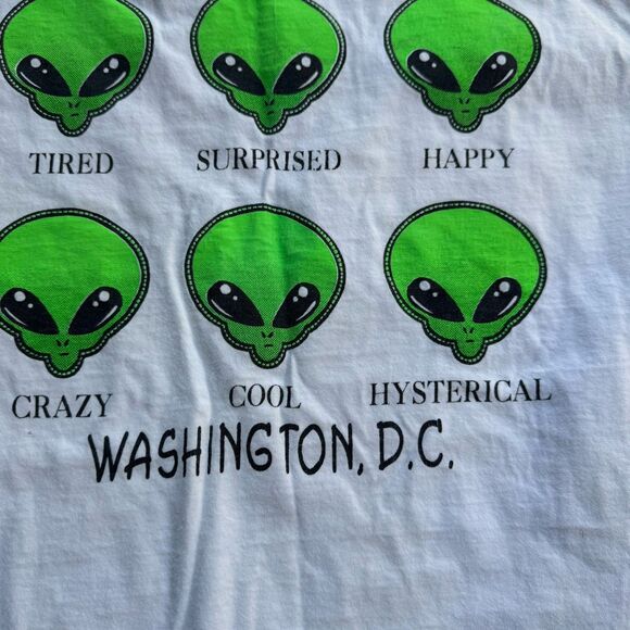 90’s  Aliens Many Faces T-shirt Size XL Funny Joke Humor Vintage White Green - Picture 3 of 10